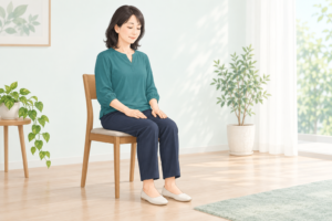 椅子に座り、足を床につけて静かに瞑想する青緑の服の女性
